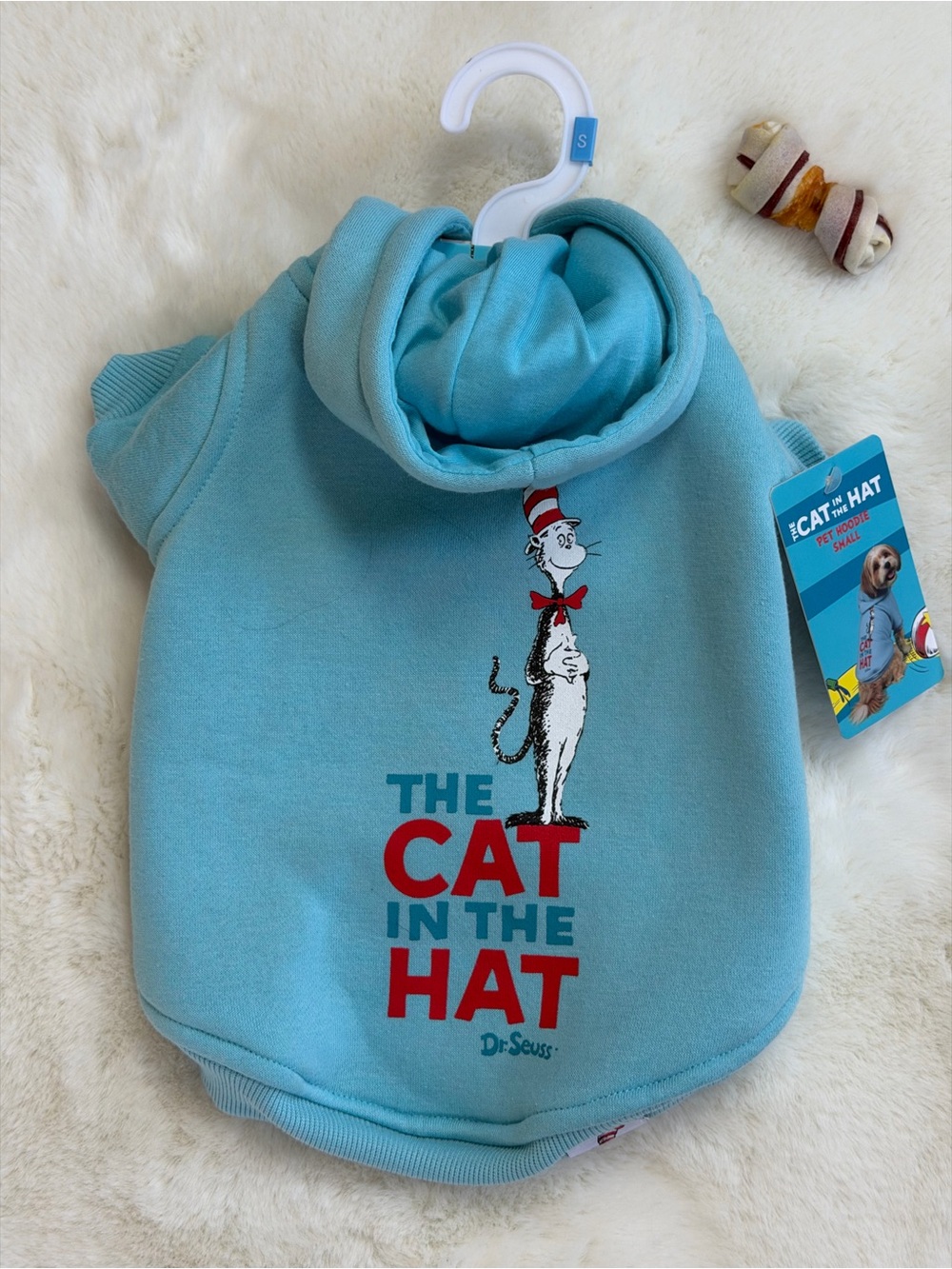 New with tags Dr. Seuss  Cat in the Hat Pet Hoodie blue w/red writing